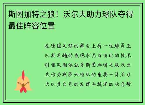 斯图加特之狼！沃尔夫助力球队夺得最佳阵容位置